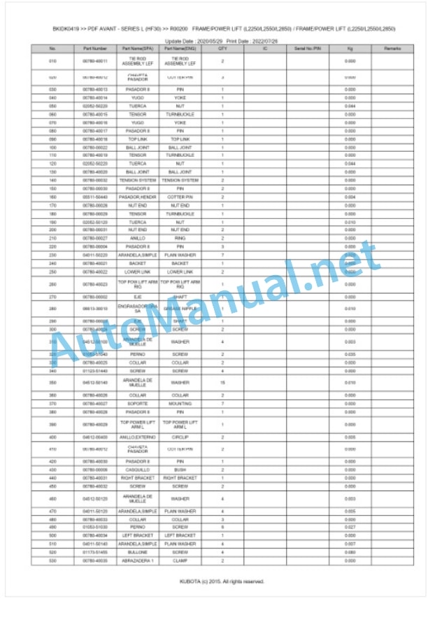 Kubota PDF AVANT - SERIES L (HF30) Parts Manual PDF BKIDK0419-2