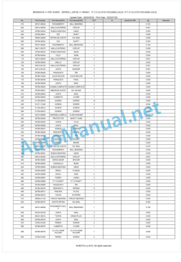 Kubota PDF AVANT - SERIES L (HF30) Parts Manual PDF BKIDK0419-3