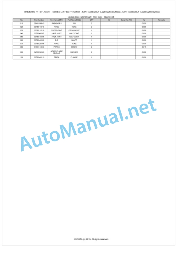 Kubota PDF AVANT - SERIES L (HF30) Parts Manual PDF BKIDK0419-5