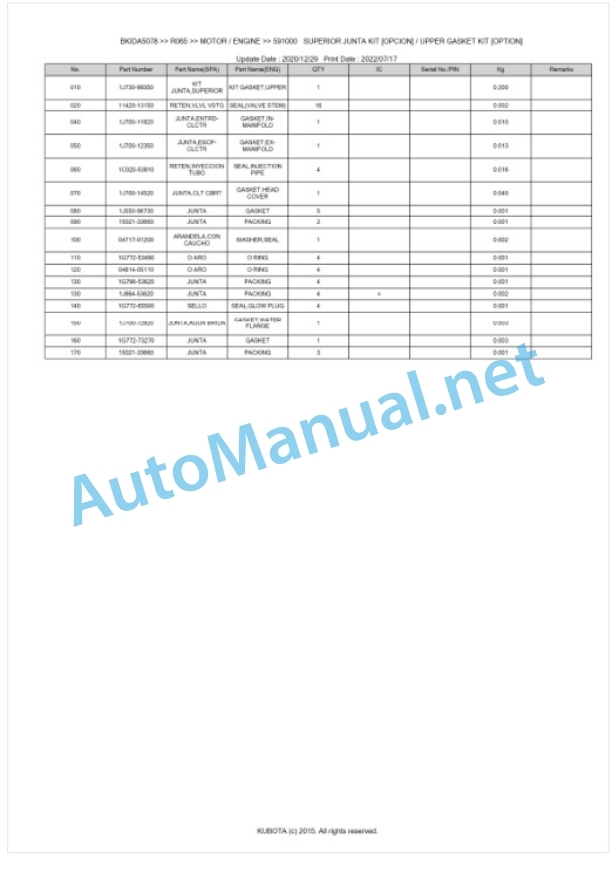 Kubota R065 Parts Manual PDF BKIDA5078-2