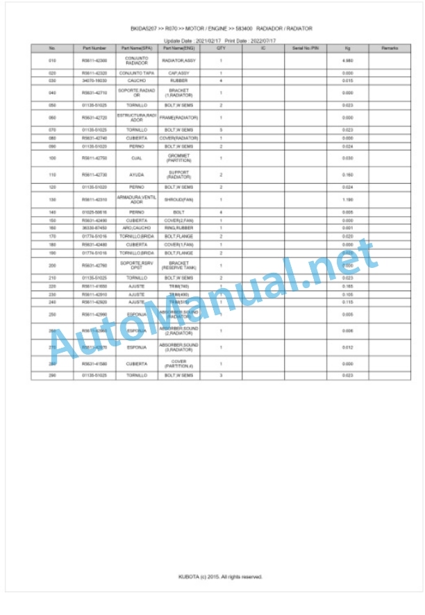 Kubota R070 Parts Manual PDF BKIDA5207-2