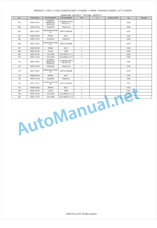 Kubota R070 Parts Manual PDF BKIDA5207-4