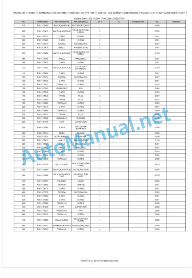 Kubota R082 Parts Manual PDF BKIDA5140-3