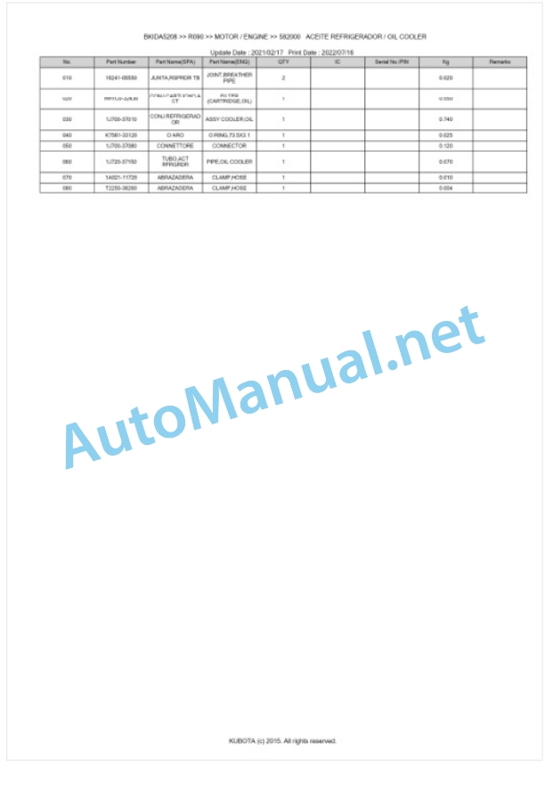 Kubota R090 Parts Manual PDF BKIDA5208-2