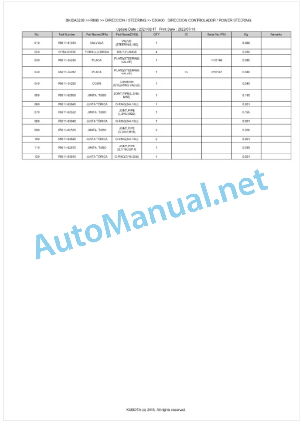 Kubota R090 Parts Manual PDF BKIDA5208-3