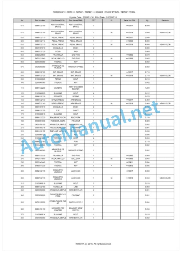 Kubota R310 Parts Manual PDF BKIDK0432-3