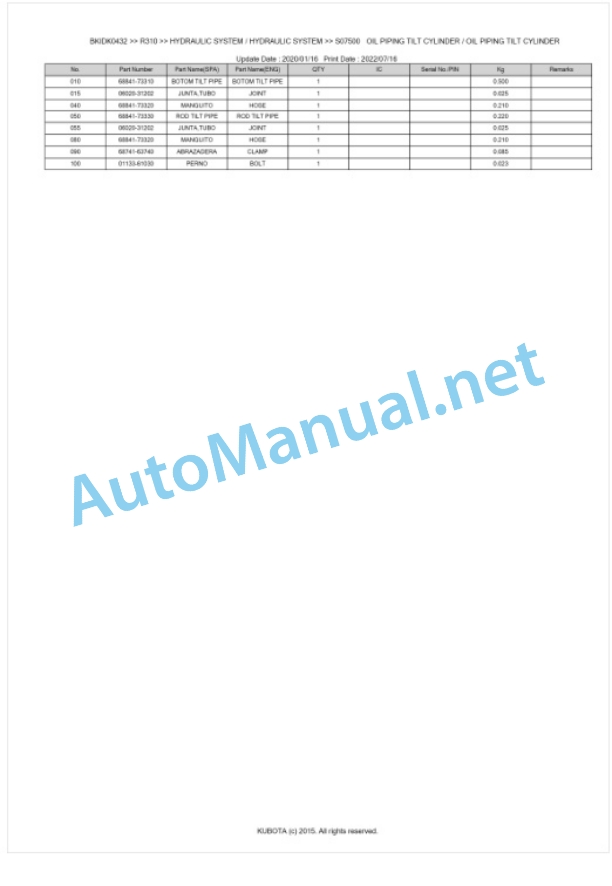 Kubota R310 Parts Manual PDF BKIDK0432-4