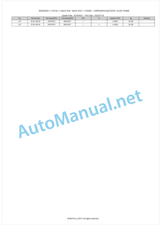 Kubota R310 Parts Manual PDF BKIDK0562-5