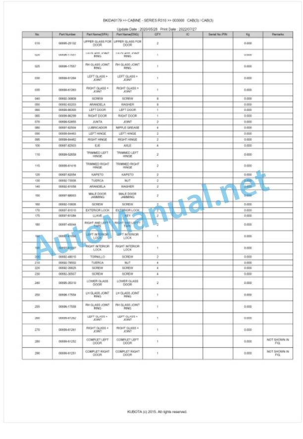 Kubota R310 Series CABINE Parts Manual PDF BKIDA0179-3