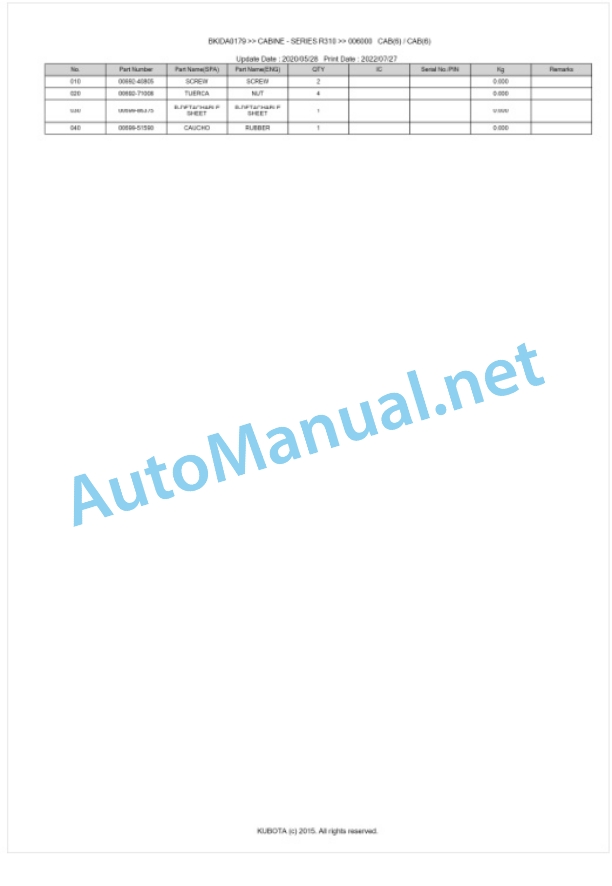 Kubota R310 Series CABINE Parts Manual PDF BKIDA0179-5