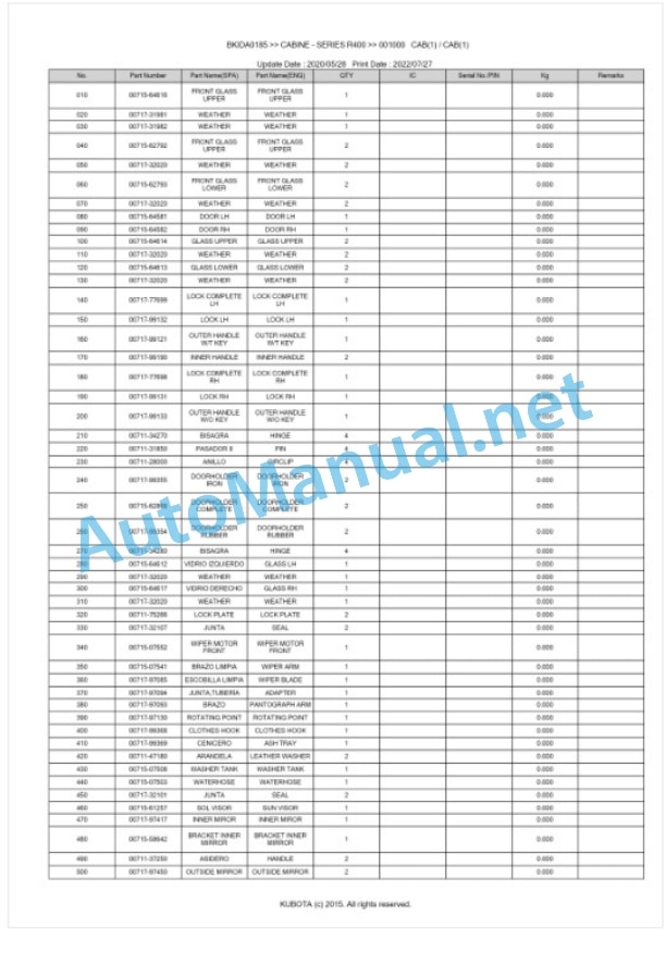 Kubota R400 Series CABINE Parts Manual PDF BKIDA0185-2