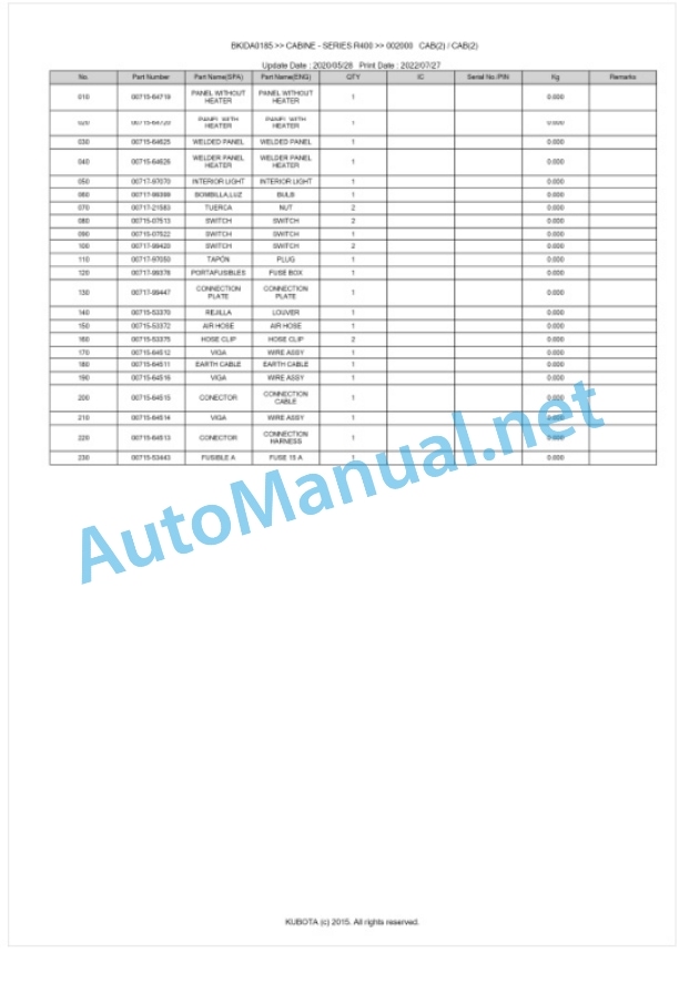 Kubota R400 Series CABINE Parts Manual PDF BKIDA0185-3