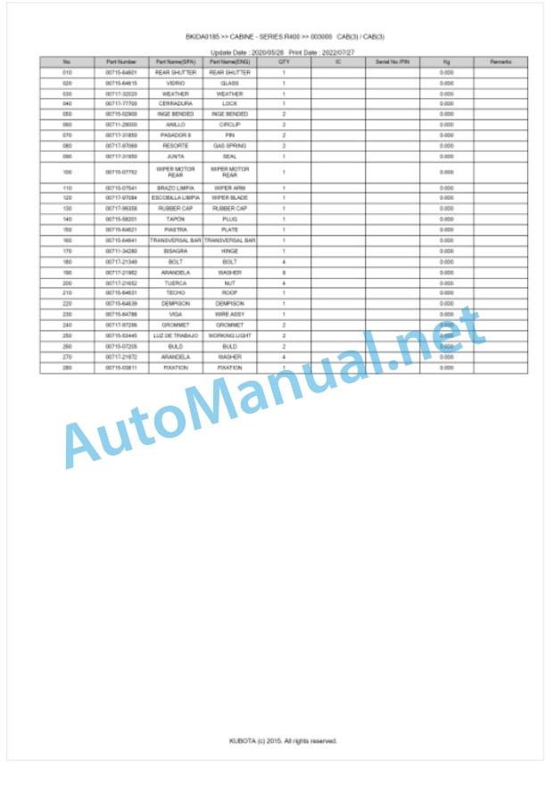 Kubota R400 Series CABINE Parts Manual PDF BKIDA0185-4