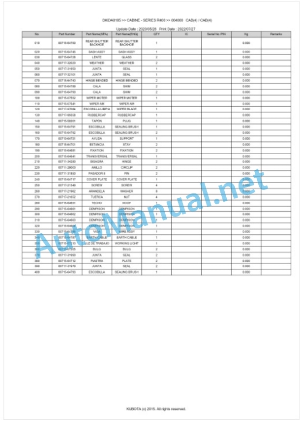 Kubota R400 Series CABINE Parts Manual PDF BKIDA0185-5