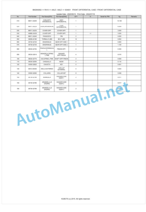 Kubota R410 Parts Manual PDF BKIDK0062-3