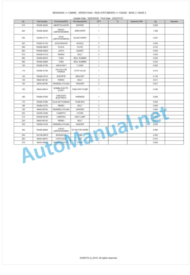 Kubota R420 - R520 (FRITZMEIER) Series CABINE Parts Manual PDF BIKDK0445-2