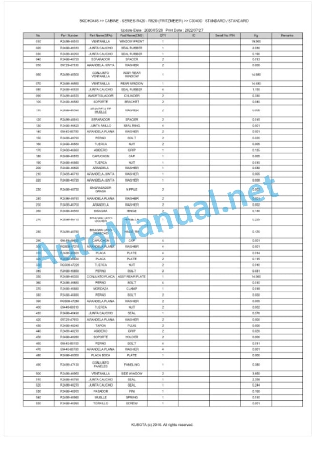 Kubota R420 - R520 (FRITZMEIER) Series CABINE Parts Manual PDF BIKDK0445-3