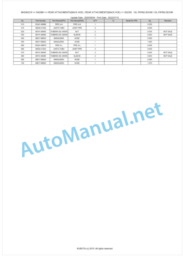 Kubota R420BH Parts Manual PDF BKIDK0218-4