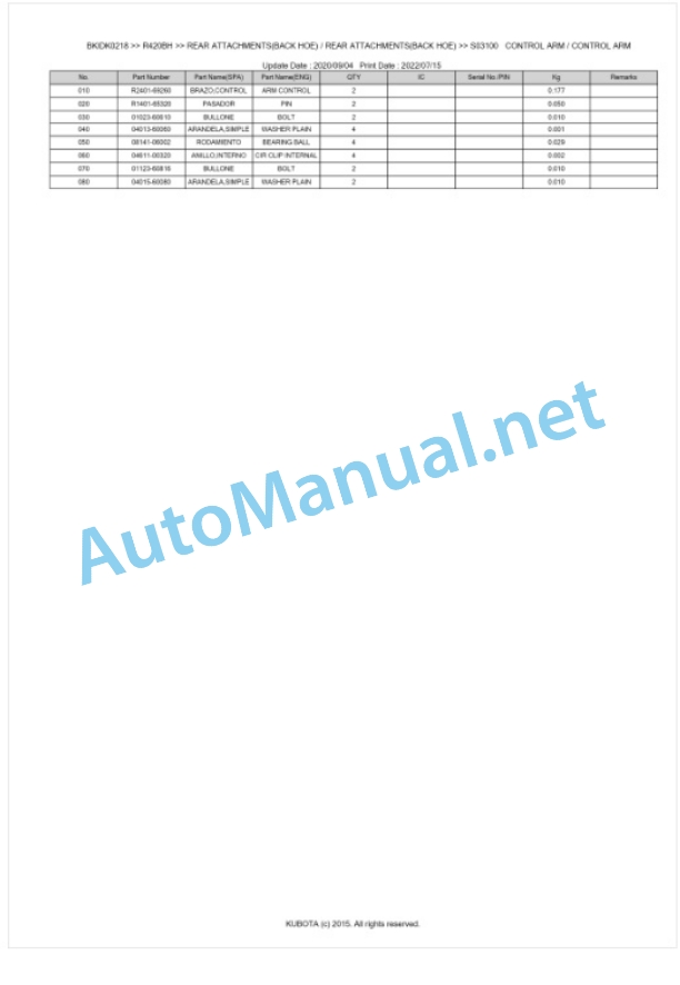 Kubota R420BH Parts Manual PDF BKIDK0218-5