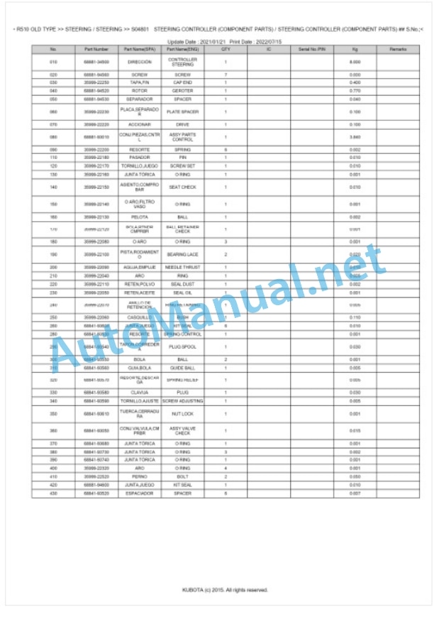 Kubota R510 OLD TYPE Parts Manual PDF BKIDK0191-3