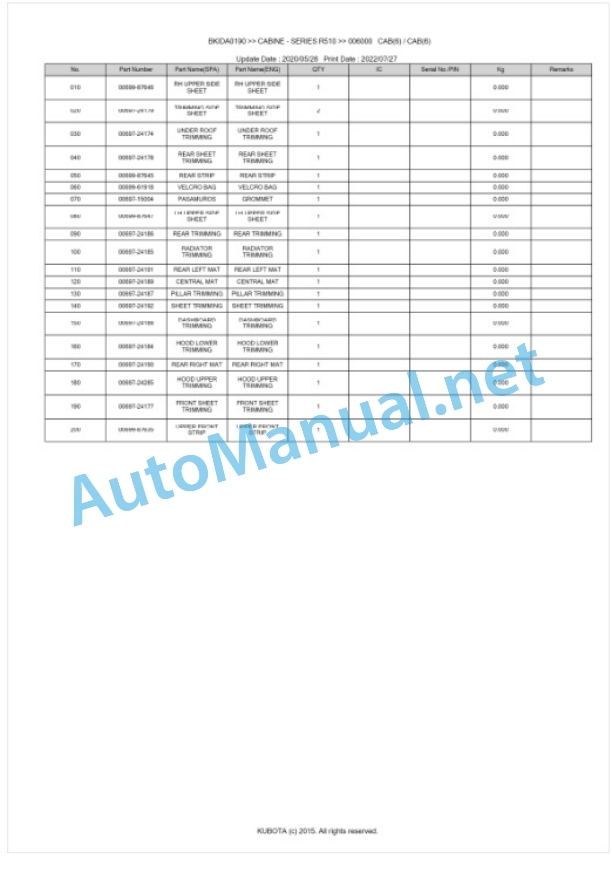 Kubota R510 Series CABINE Parts Manual PDF BKIDA0190-5