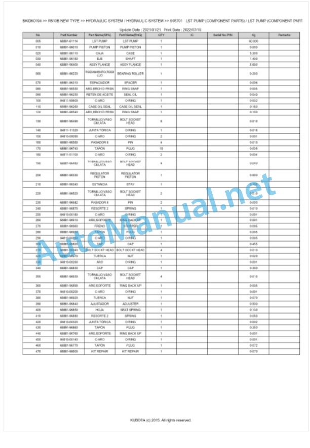 Kubota R510B NEW TYPE Parts Manual PDF BKIDK0194-3