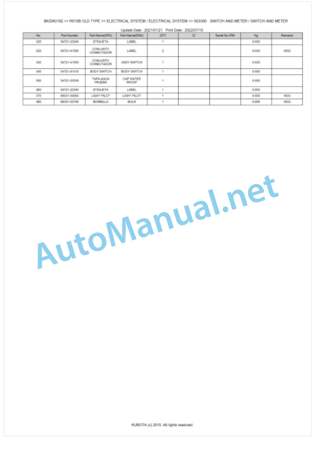 Kubota R510B OLD TYPE Parts Manual PDF BKIDK0192-4