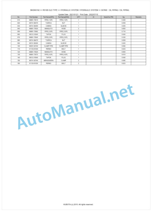 Kubota R510B OLD TYPE Parts Manual PDF BKIDK0192-5