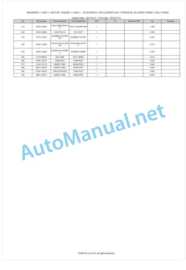 Kubota R520 Parts Manual PDF BKIDK0465-2