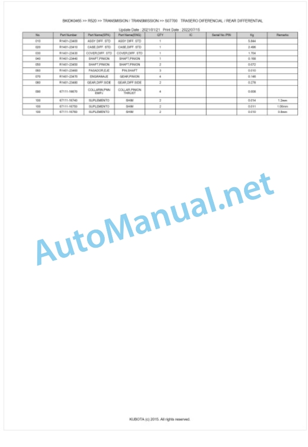 Kubota R520 Parts Manual PDF BKIDK0465-3