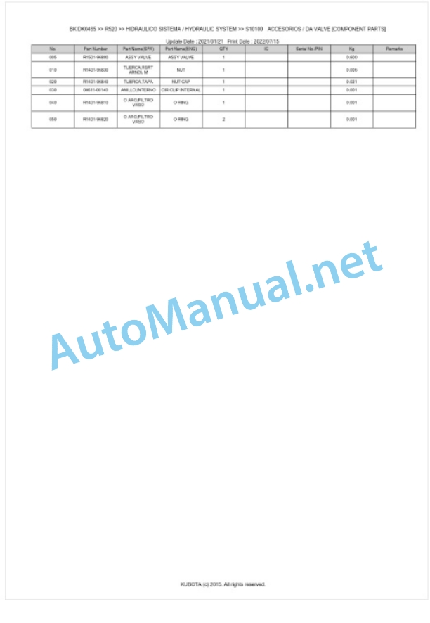 Kubota R520 Parts Manual PDF BKIDK0465-4