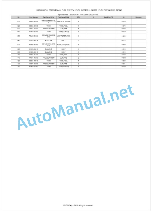 Kubota R520ALPHA Parts Manual PDF BKIDK0537-2