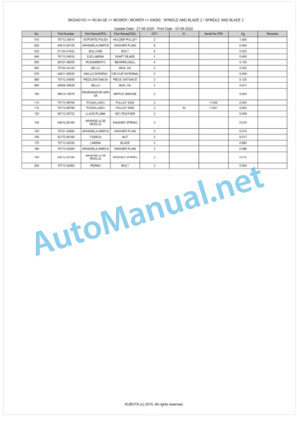 Kubota RC40-GE Parts Manual PDF BKIDA0153-3