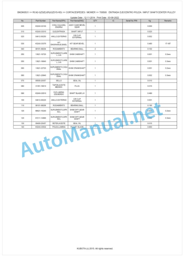 Kubota RC42-GZD(E) (R)(GZD15-HD) Parts Manual PDF BKIDK0531-2