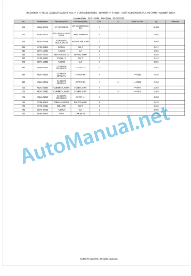 Kubota RC42-GZD(E) (R)(GZD15-HD) Parts Manual PDF BKIDK0531-4