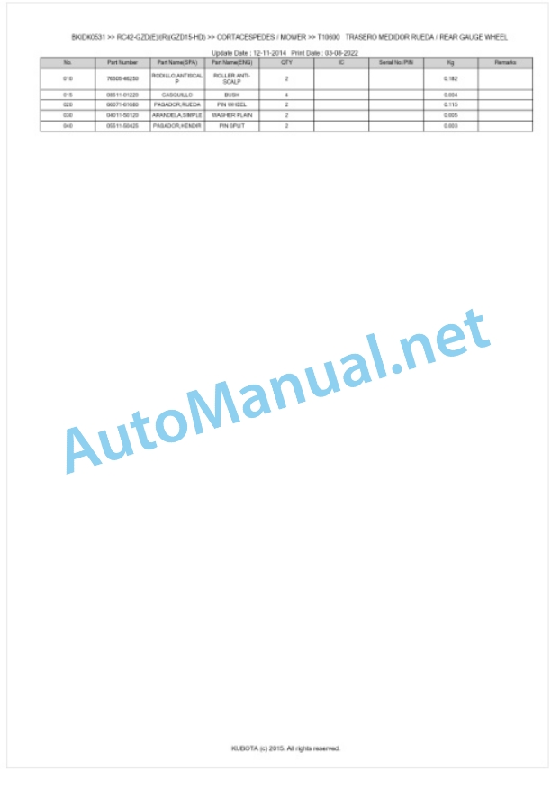 Kubota RC42-GZD(E) (R)(GZD15-HD) Parts Manual PDF BKIDK0531-5