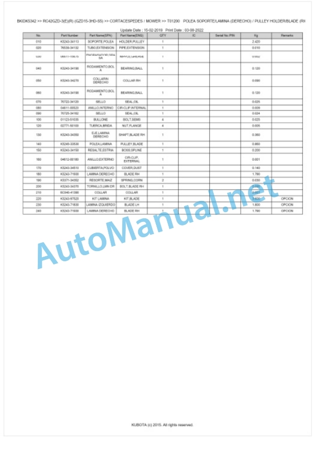 Kubota RC42GZD-3(E)(R) (GZD15-3HD-S5) Parts Manual PDF BKIDK5342-3