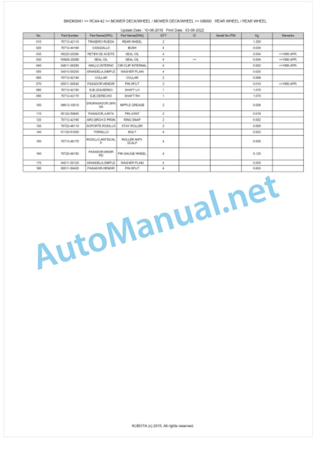 Kubota RC44-42 Parts Manual PDF BKIDK0041-4