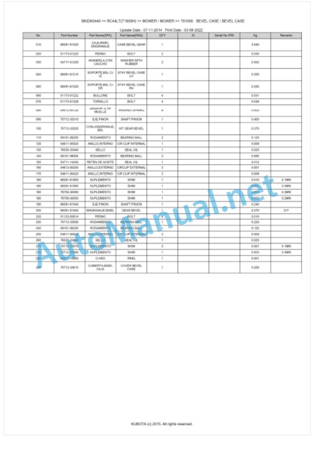 Kubota RC44LT(T1600H) Parts Manual PDF BKIDK0440-2