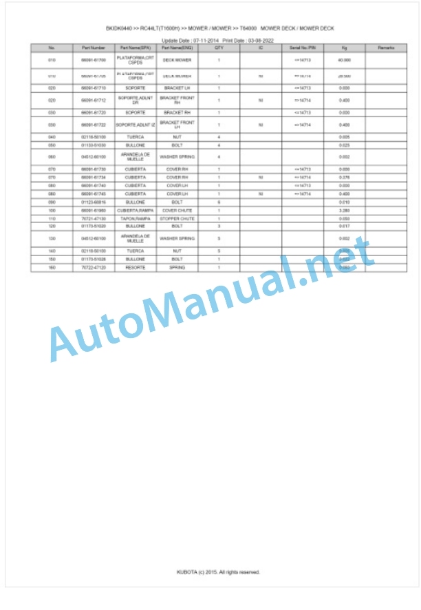 Kubota RC44LT(T1600H) Parts Manual PDF BKIDK0440-4