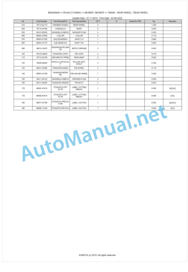 Kubota RC44LT(T1600H) Parts Manual PDF BKIDK0440-5