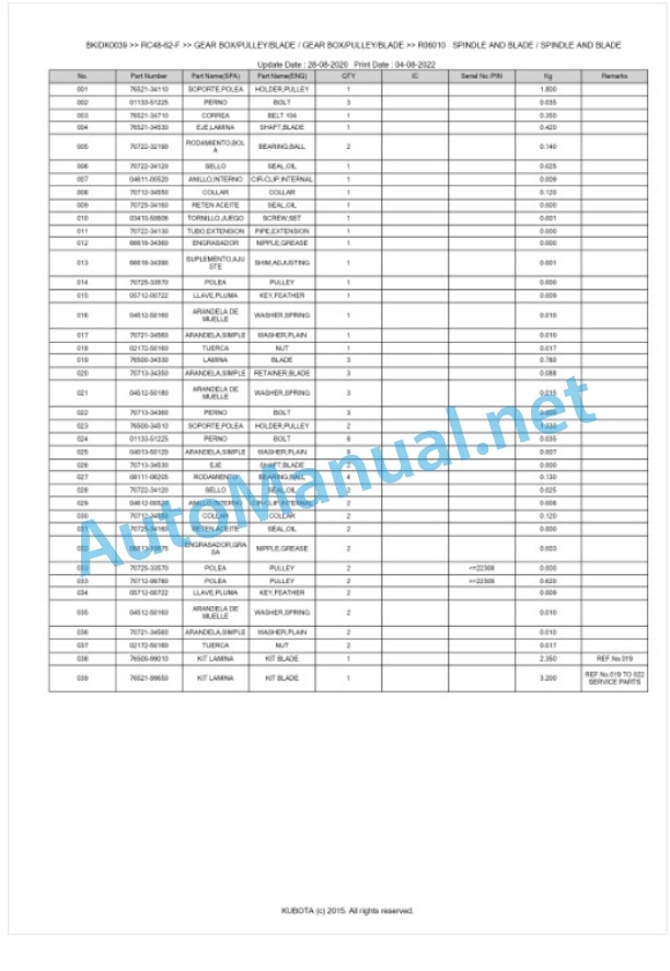 Kubota RC48-62-F Parts Manual PDF BKIDK0039-4