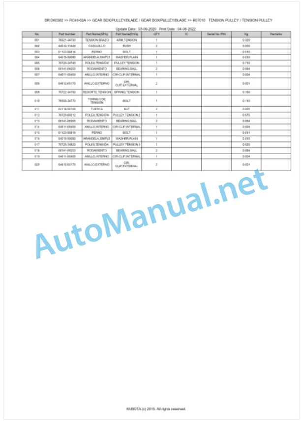 Kubota RC48-62A Parts Manual PDF BKIDK0382-4