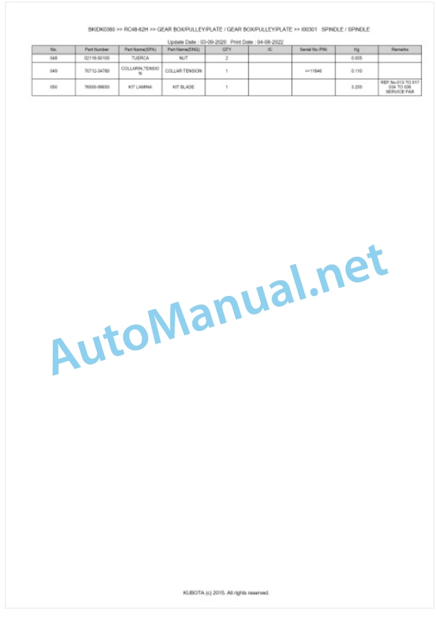 Kubota RC48-62H Parts Manual PDF BKIDK0360-3