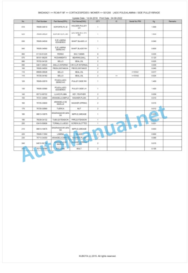 Kubota RC48-F19F Parts Manual PDF BKIDA0421-3