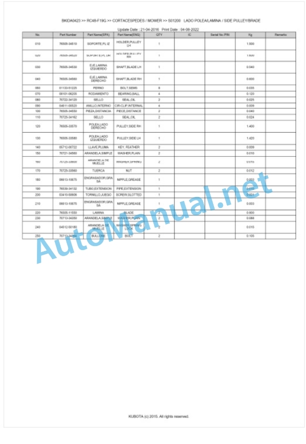 Kubota RC48-F19G Parts Manual PDF BKIDA0423-3