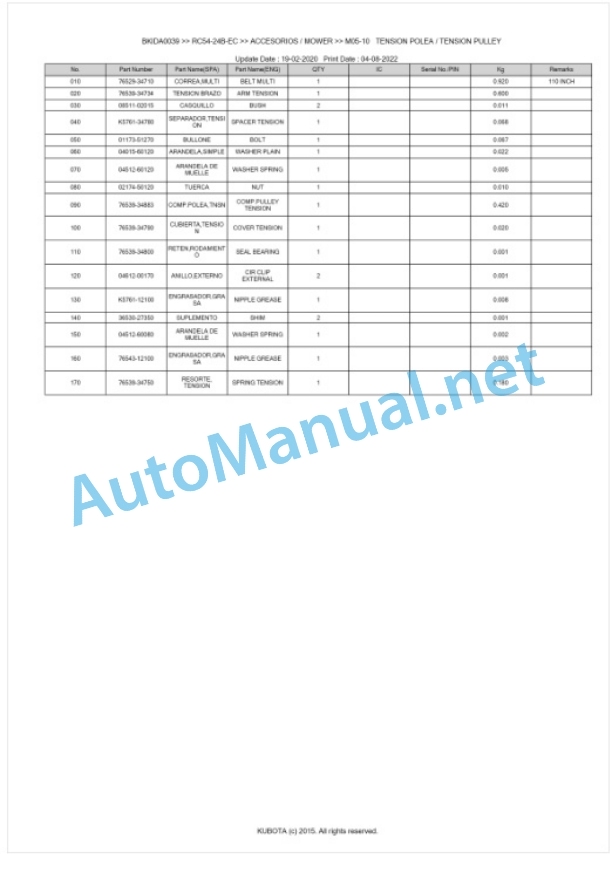 Kubota RC54-24B-EC Parts Manual PDF BKIDA0039-3