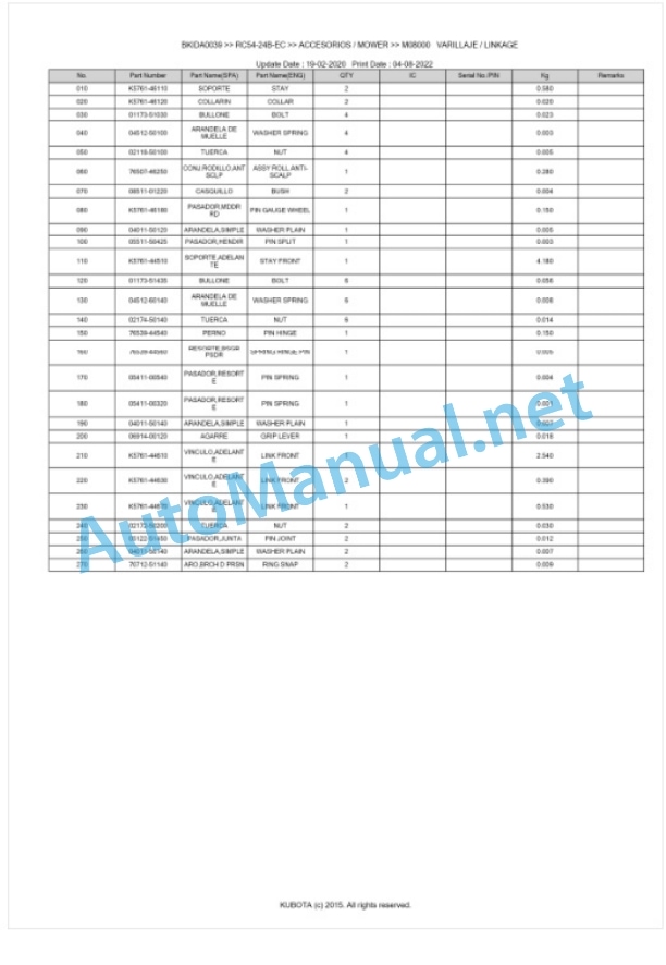 Kubota RC54-24B-EC Parts Manual PDF BKIDA0039-4