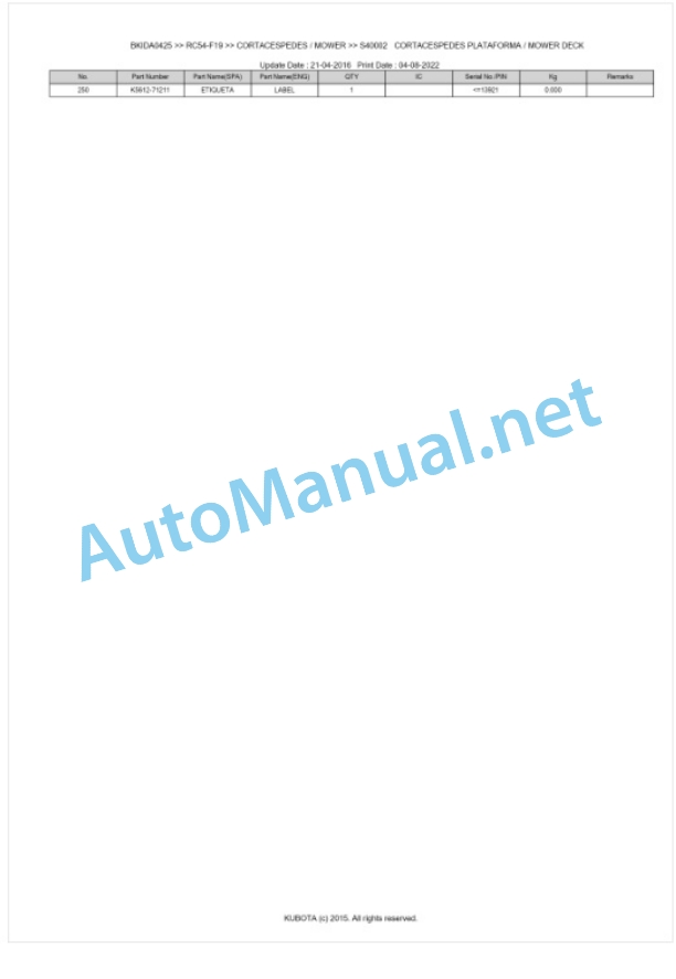 Kubota RC54-F19 Parts Manual PDF BKIDA0425-4