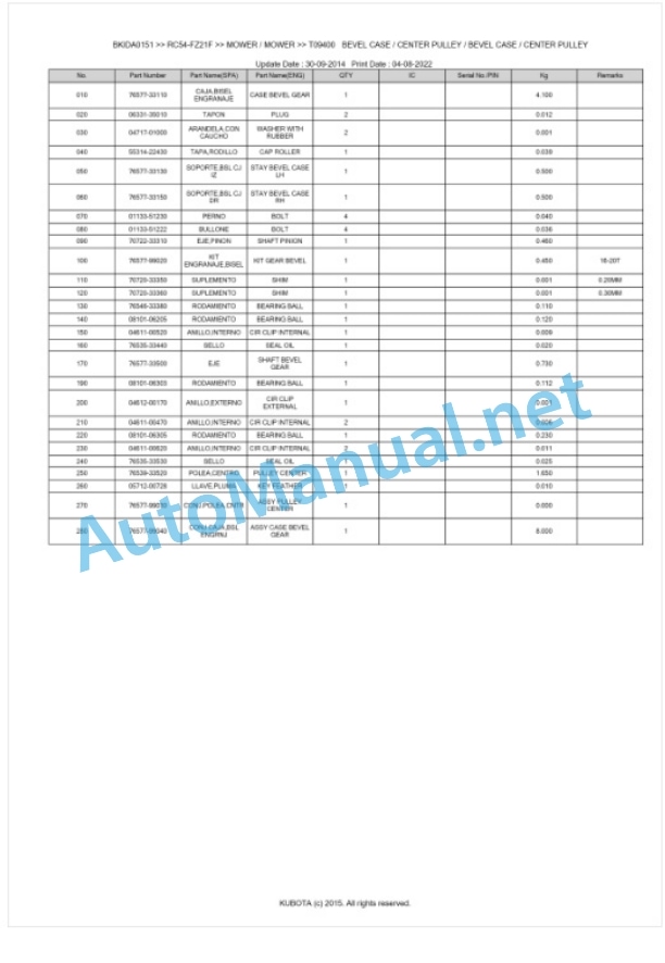 Kubota RC54-FZ21F Parts Manual PDF BKIDA0151-2